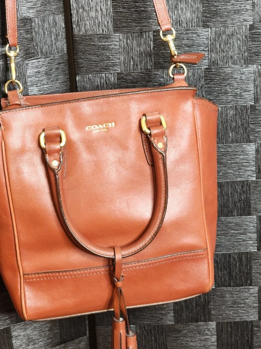 COACH Mini Tanner Legacy Cognac Leather Crossbody Satchel Bag Purse